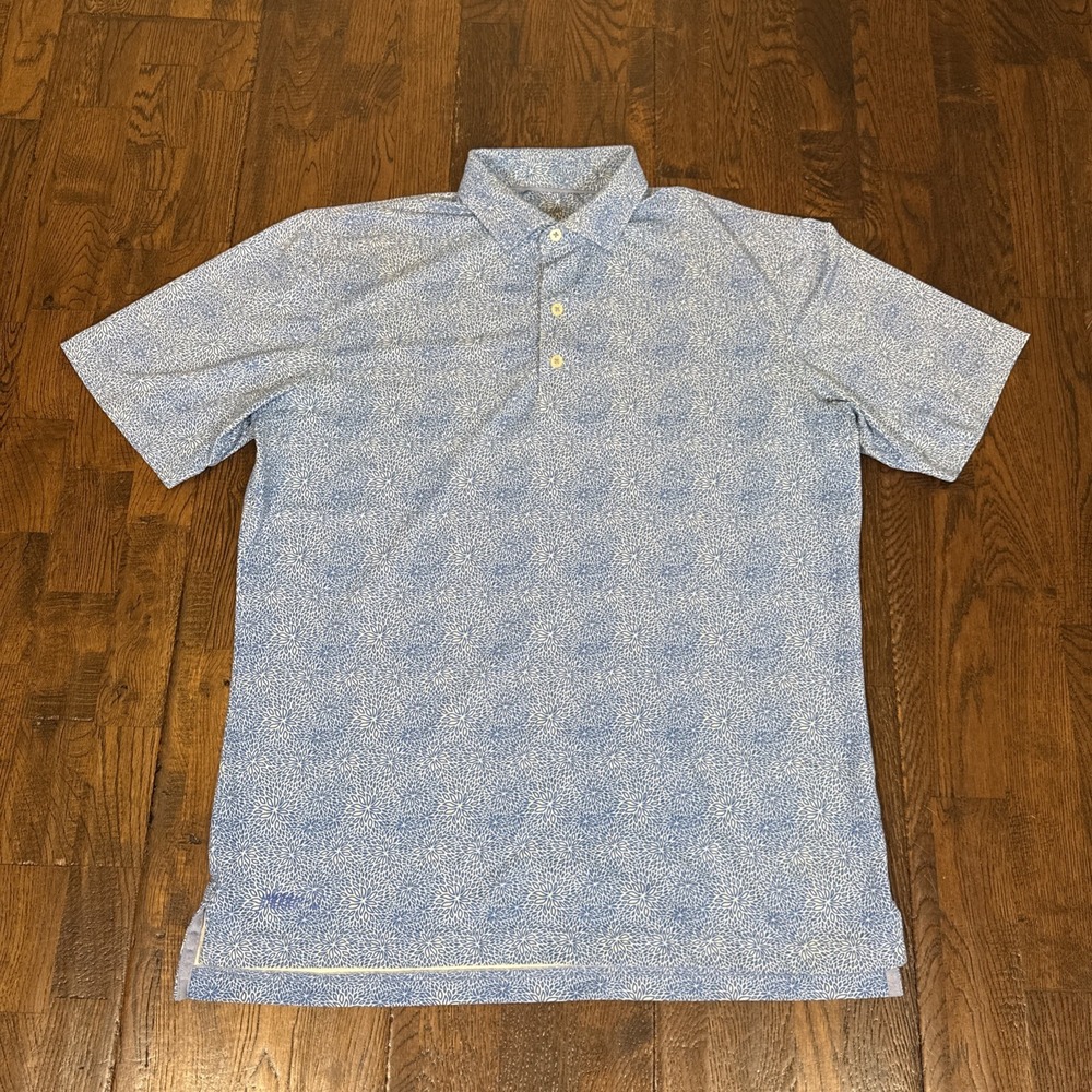 Johnnie‑O Men’s Medium Shirt Blue White Geo Floral Button Front EUC Coastal Prep